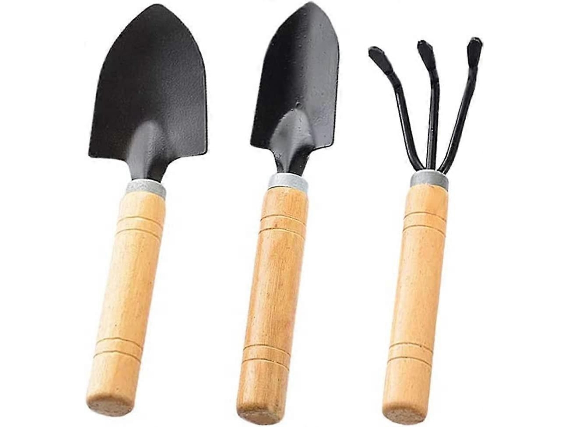 Kit multifuncional con 3 herramientas de jardinería, incluyendo cuerda de madera: pala, rastrillo y gancho pequeño | Sin marca