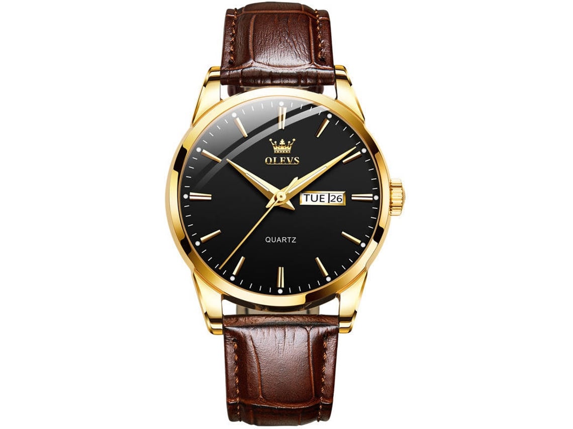Reloj OLEVS Esfera Negra Hombre (Cuero Marrón y Dorado)