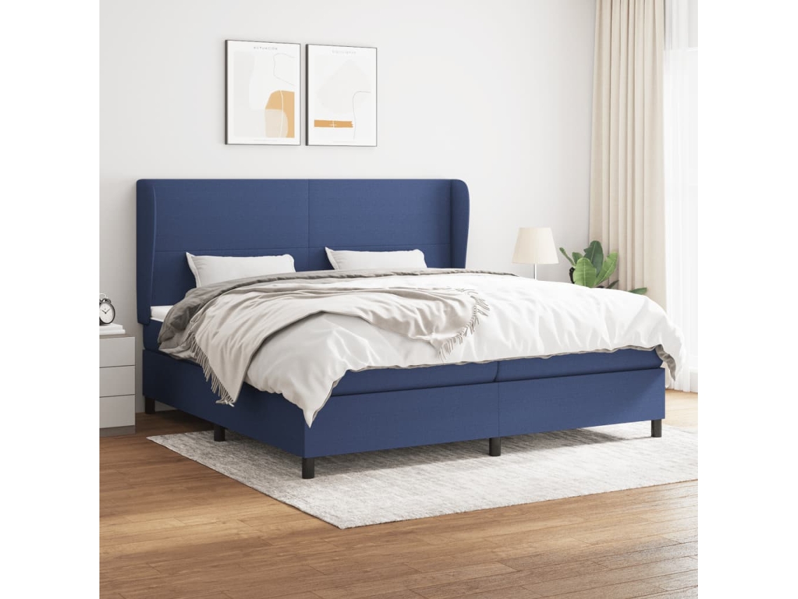 Cama Box Spring Con Colchón Tela Azul 200x200 Cm