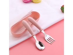 Juego de cuchillo y cuchara infantil de tres piezas de acero inoxidable, portátil y con estampado de dibujos animados. Mdug (rosa)