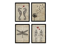 NACNIC Set de 4 Láminas Con Marco de Enciclopedia Vintage Con Caballito de Mar, Diente de León, Libélula y Pareja de Esqueletos. Tamaño A4. Con Marco