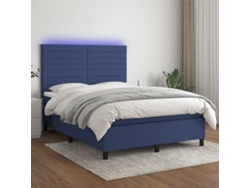 Cama Box Spring Colchón Y Luces Led Tela Azul 140x190 Cm
