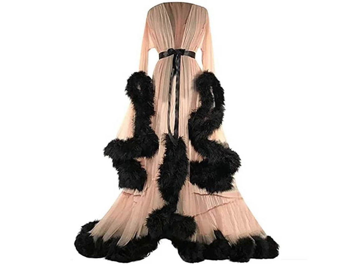 Vestido Largo Plumas Mangas Amplias Para Fiesta De Despedida De Soltera Talla 3xl Beige 3xl Beige