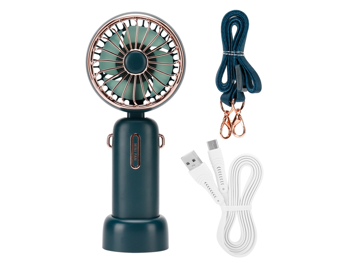 Ventilador portátil con 3 velocidades, cable verde, 4000-6000 rpm.