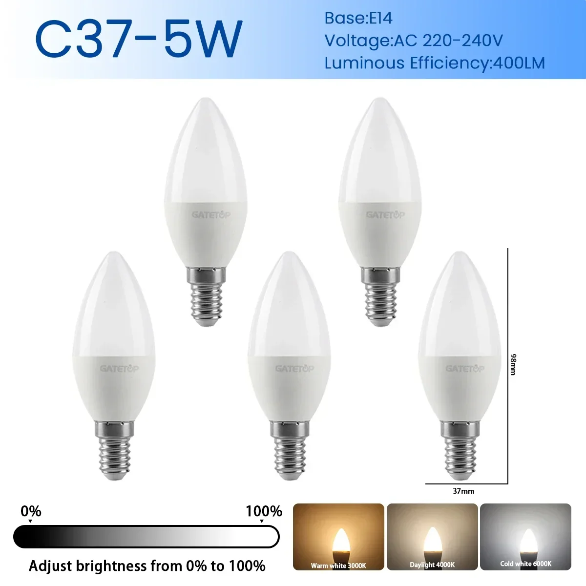 (c37 E14, Blanco Frío 6000k) 5 Bombillas Led, Bombillas Para Focos De Interior, Iluminación Empotrada