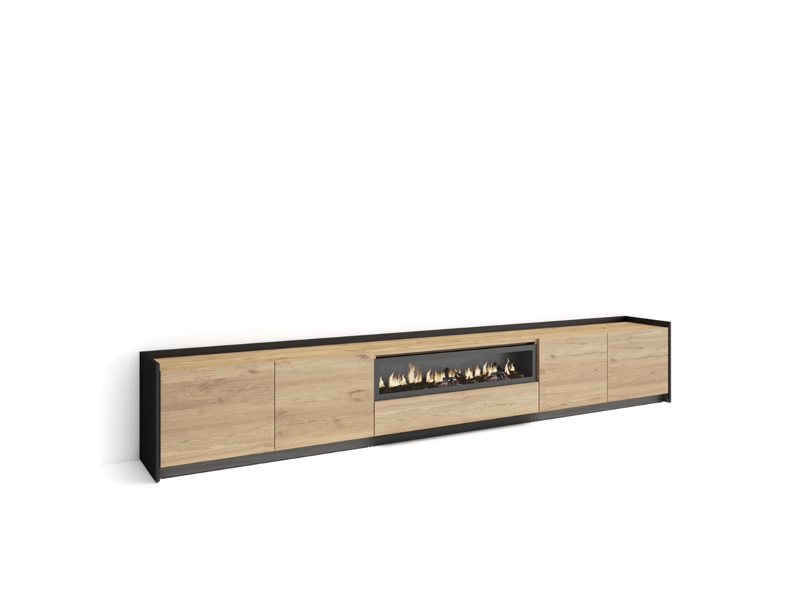 Mueble Tv, Televisión, 310x37x50cm, Para Tv Hasta 80", Chimenea Eléctrica, Led, Roble Y Negro