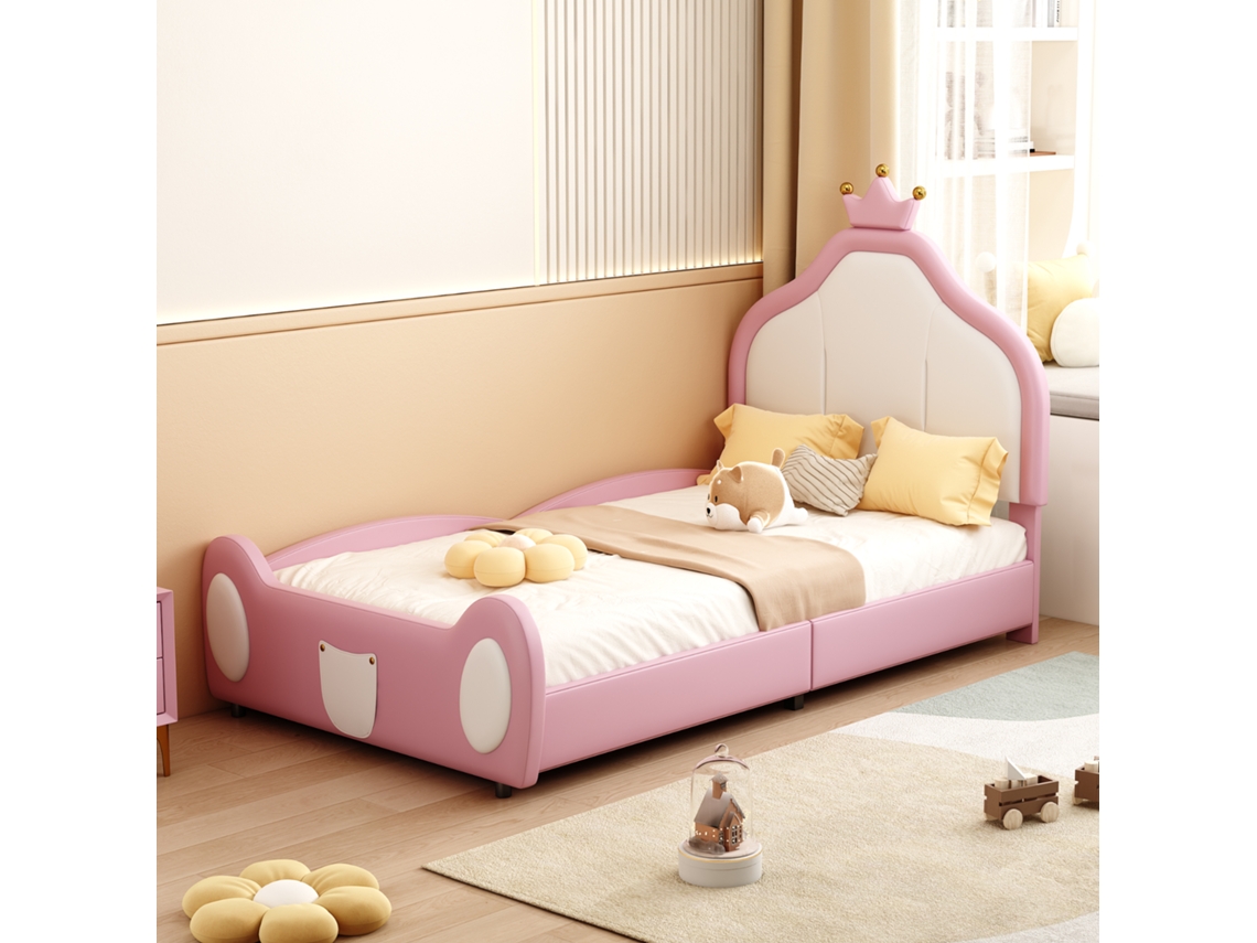 Cama Infantil Tapizada, 90x200 Cm, Con Diseño De Corona, Rosa, En Pu.