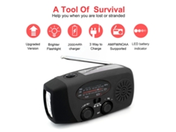 Radio portátil de emergencia AM/FM con manivela, dinamo, carga solar, linterna LED, alarma SOS y batería externa de 2000 mAh. Viewleaf