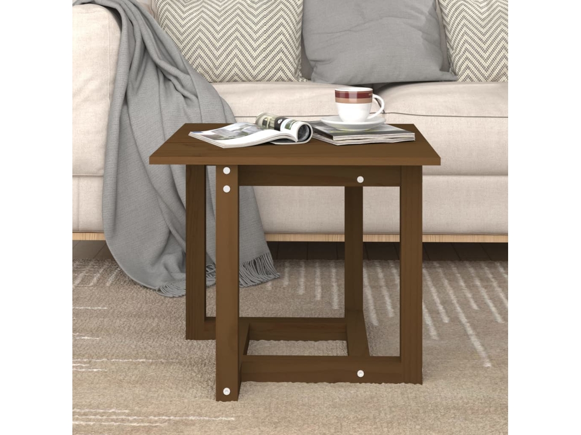 Mesa de centro HARLANV1 de 50x50x45 cm, fabricada en madera maciza de pino color miel.
