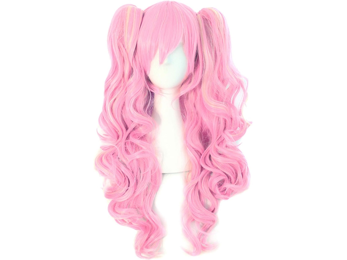 Peruca Rosa-claro Com Forma De Personagem, Rabo De Cavalo Duplo, Cachos Ondulados, Ideal Para Festas
