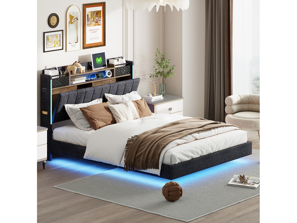 Cama Tapizada 140x200 Con Iluminación Led Y Toma Usb, Cama Flotante Cama Juvenil Cama Adulto, Tela De Lino, Gris