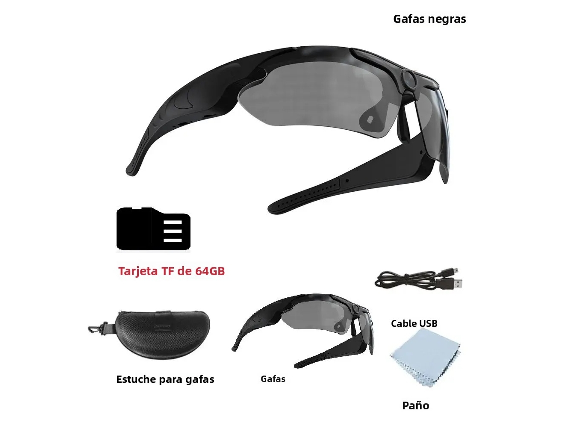 (negro + 64 Gb) Gafas Deportivas Inteligentes, Cámara Dv Full Hd 1080p, Lente Gran Angular De 120°