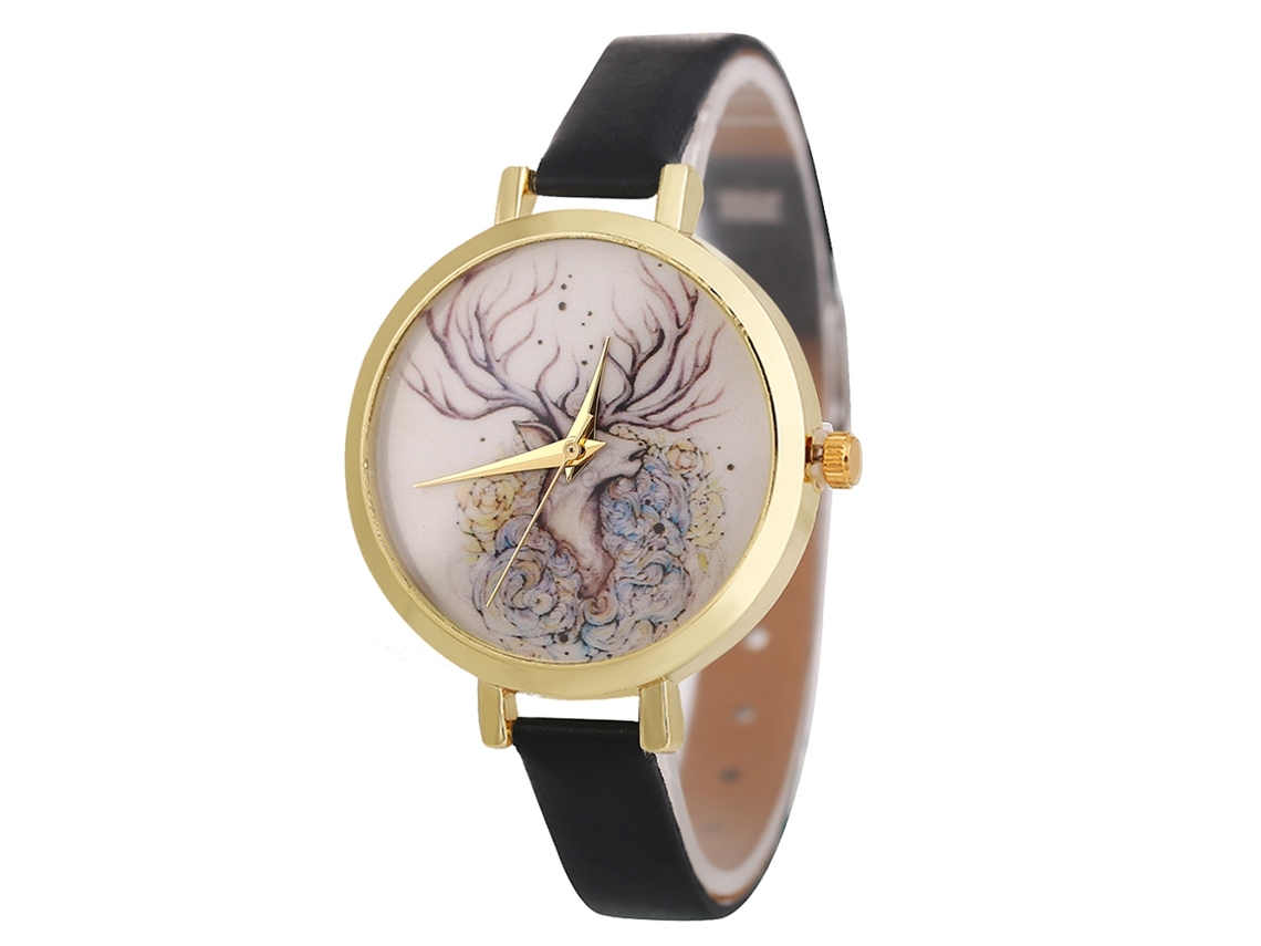 Reloj De Pulsera De Cuarzo Para Mujer Con Correa De Pu Con Estampado De Ciervo Zlf0485-c Negro