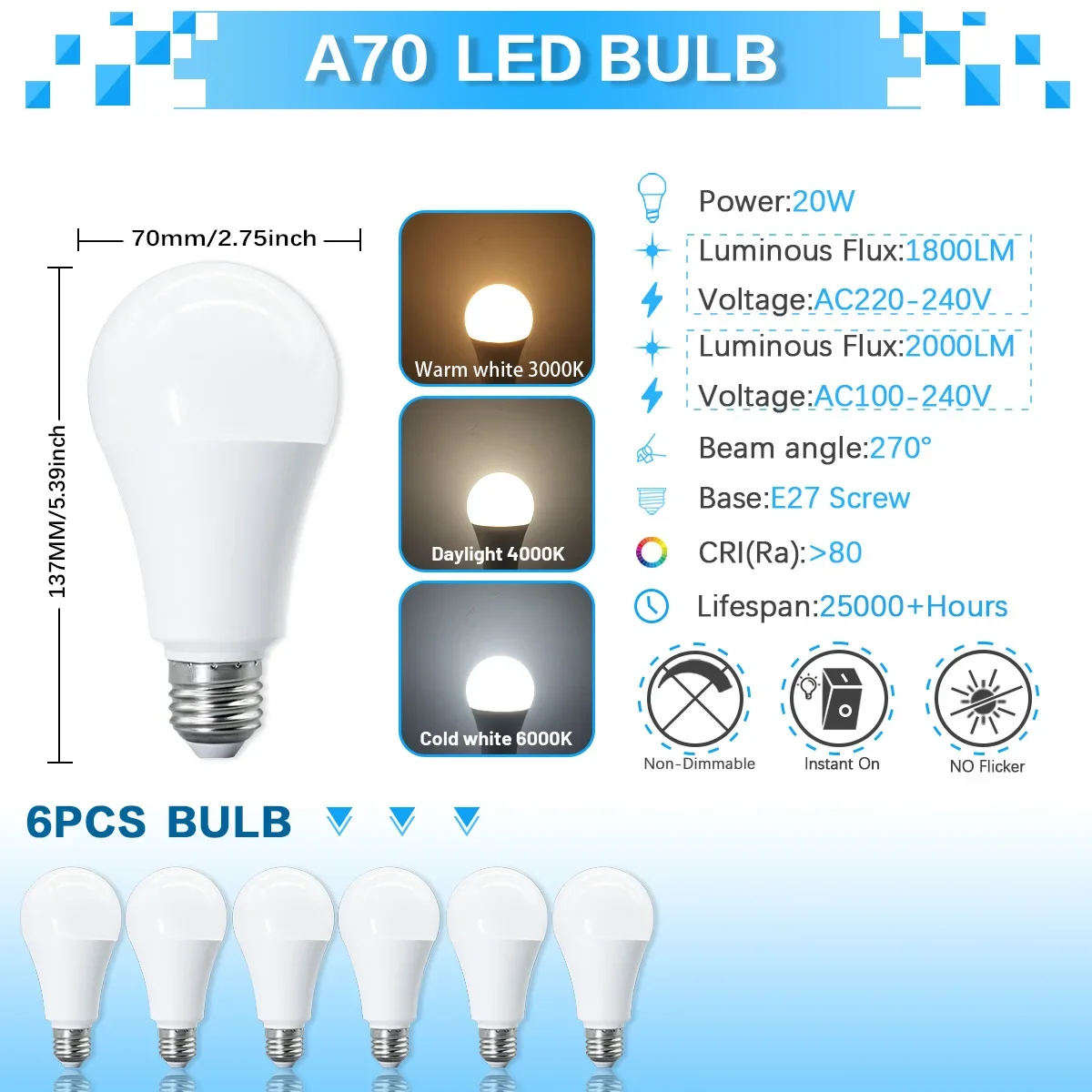 (6pcs, Luz Natural 4000k) Bombilla A70 Led, Sin Estroboscópio, Índice De Reproducción De Color Cri80+, Ideal Para Dormitorio, Vestíbulo, Etc.
