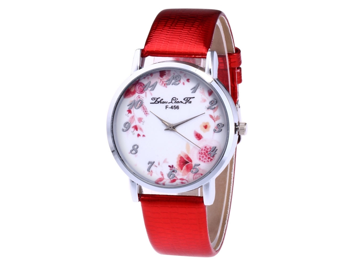 Reloj De Pulsera De Cuarzo Para Mujer, Esfera Redonda, Correa De Cuero Roja.