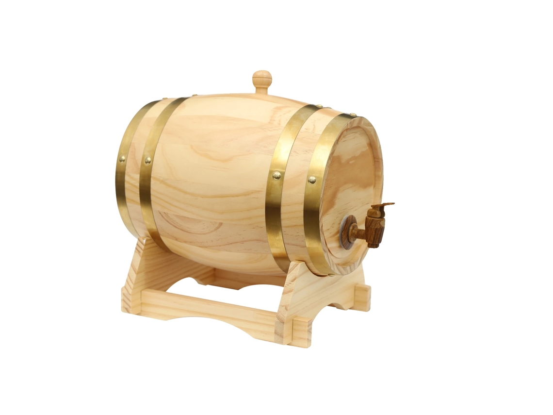 Barril de vino, capacidad de 5 litros, diseño compacto, amarillo.