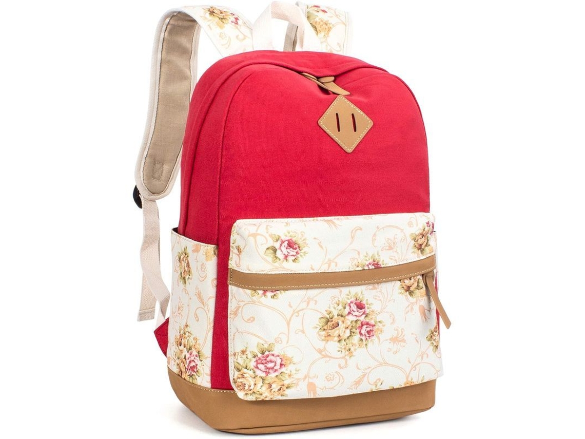 2026-mochila Escolar Floral Para Niñas Con Diseño De Lona Y Cuero Pu, Ideal Para Colegio Y Viajes Rojo