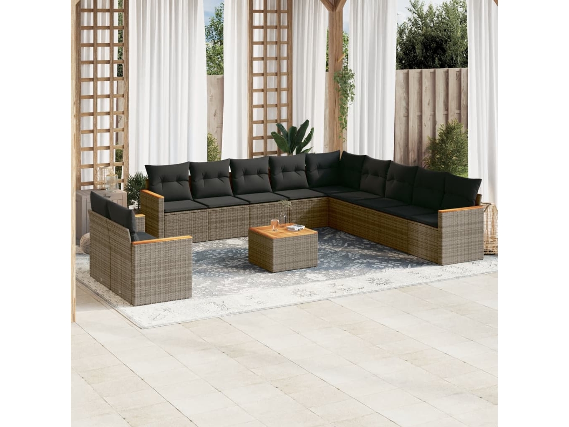 12 Piezas Conjunto De Sofa Jardim C/ Almofadões Vime Pe Cinza Dkd Home Decor