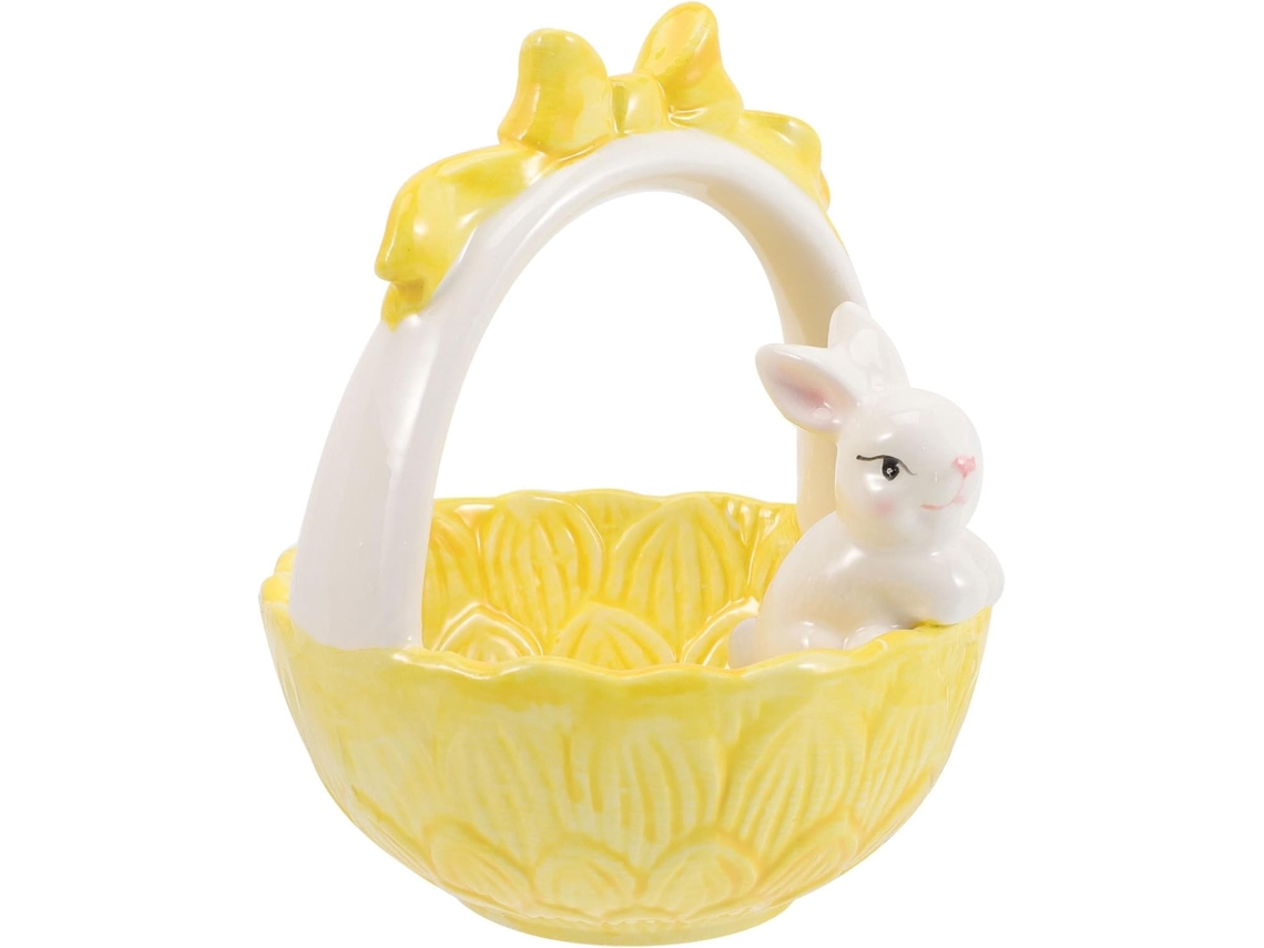 Figura Conejito Pascua Cerámica Cesta Amarilla Adorable Decoración Hogar Celebraciones Primavera Adorno Niños