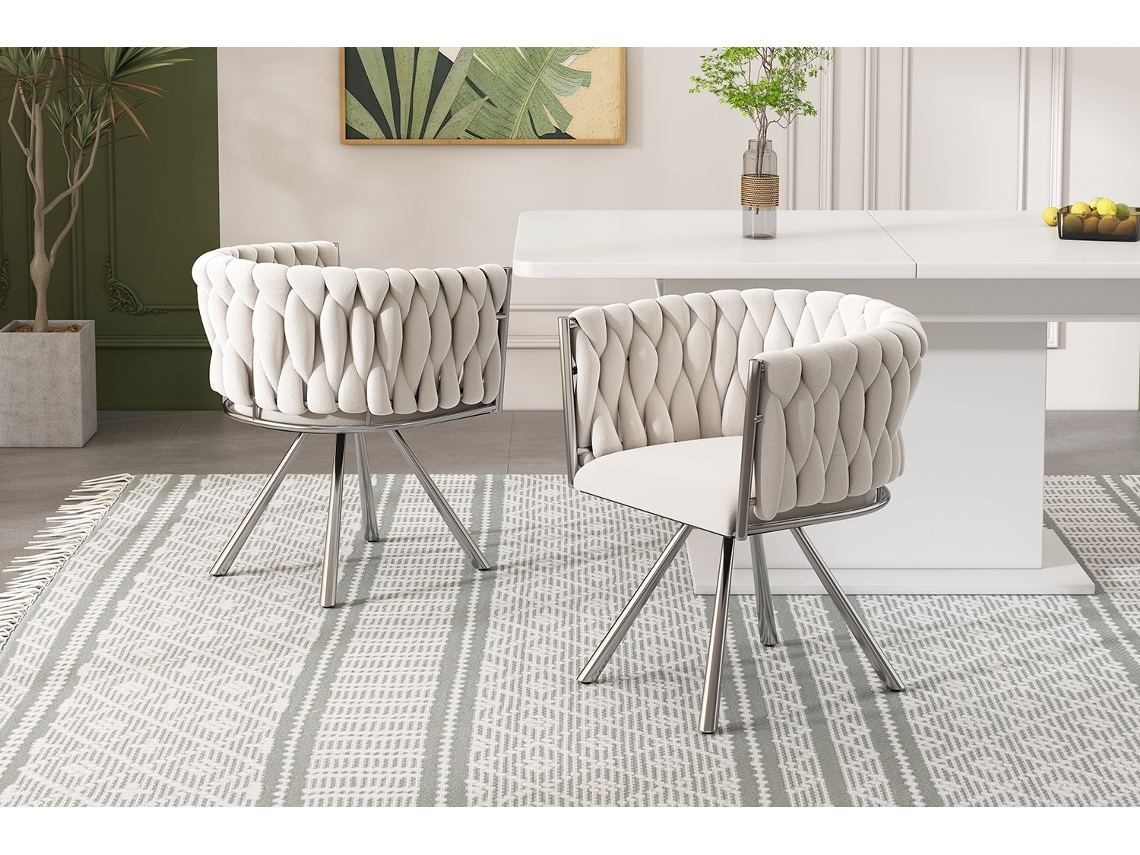 Juego de 2 sillas giratorias de terciopelo con brazos y patas de metal plateado, estilo beige