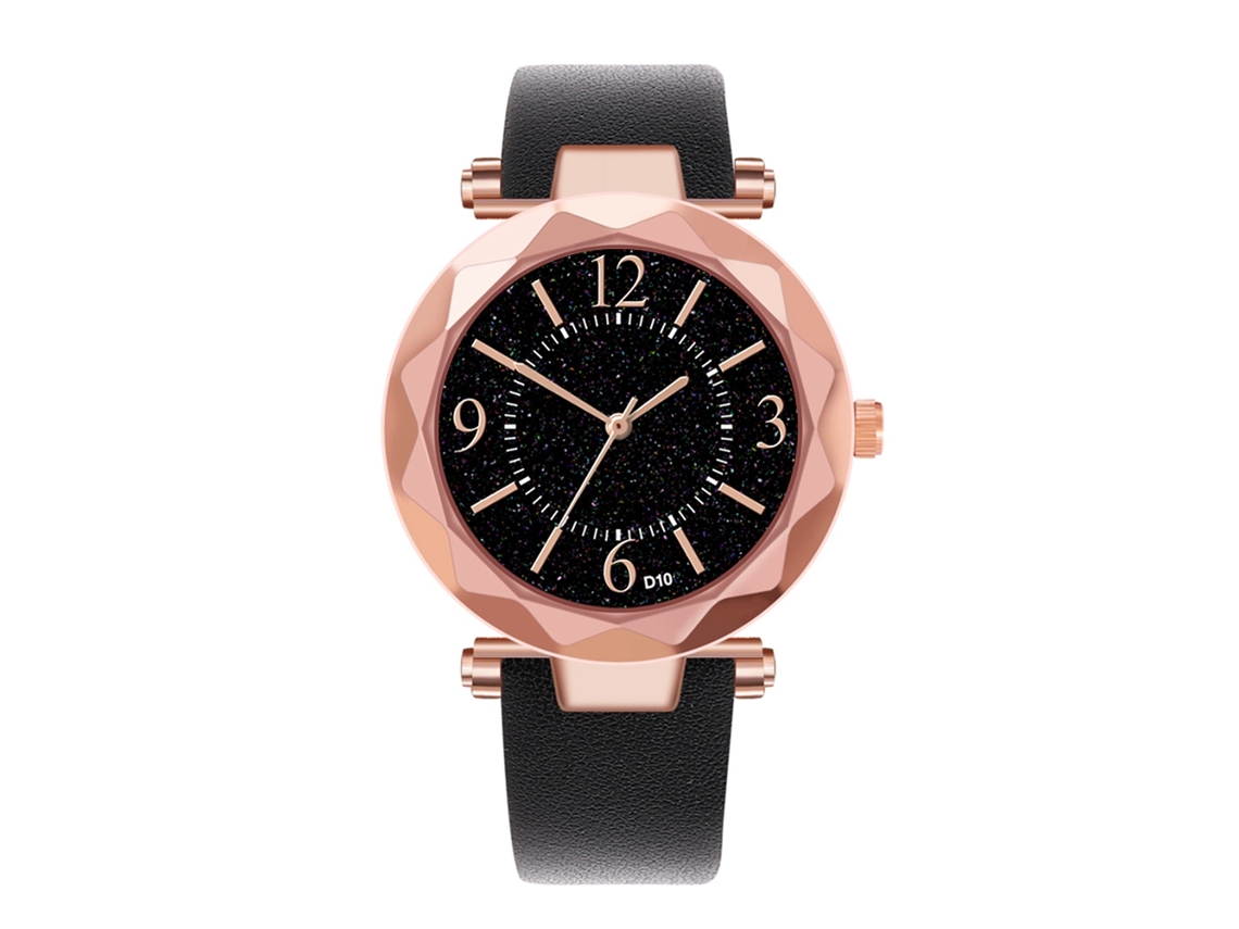 Reloj De Pulsera De Cuarzo Para Mujer Con Correa De Poliuretano, Estilo Moderno, Esfera Negra Con Diamantes.