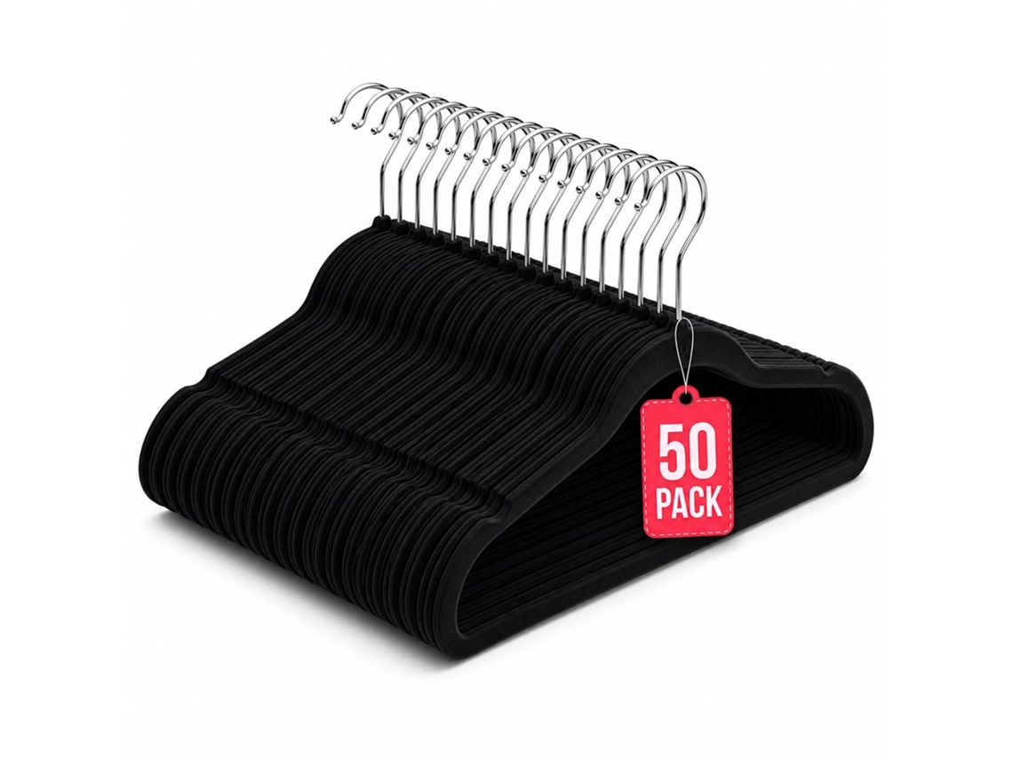 Com-fort House Perchas De Terciopelo Antideslizantes Pack 50 – Negro – Ultrafinas Ahorra Espacio – Gancho Giratorio 360° – Perchas Para Ropa, Trajes, Vestidos Y Camisas