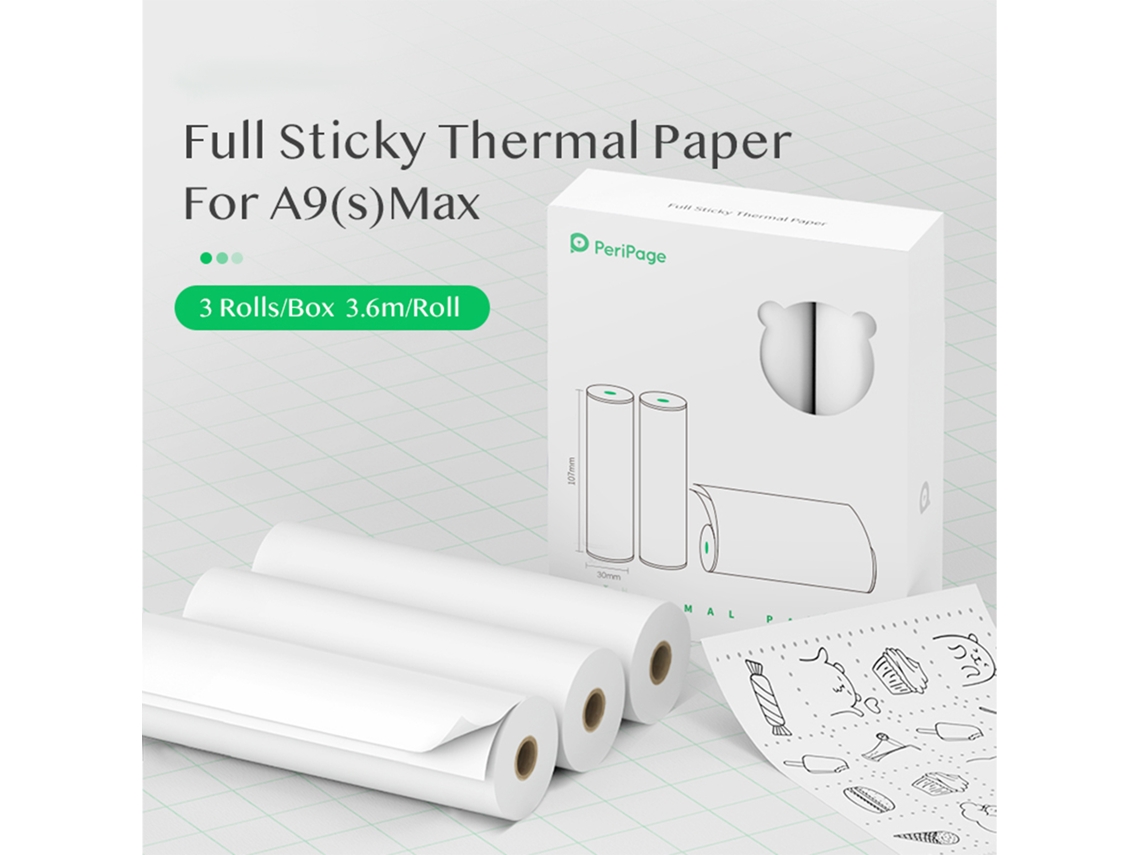 Rollo de papel adhesivo térmico de 107x30 mm para impresora Peripage A9 Max/A9s Max, 3 unidades