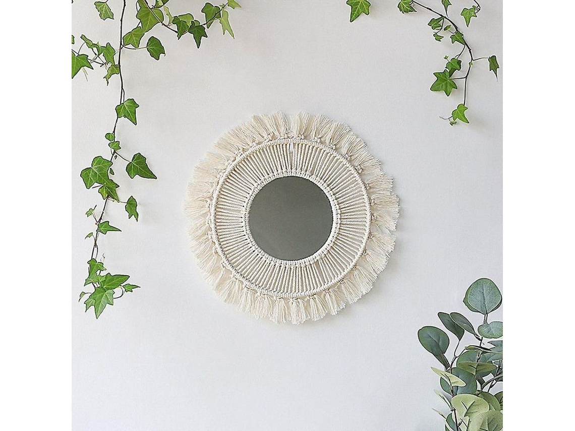 Espejo De Pared Redondo De Macramé Estilo Bohemio 2025 Con Colgante De Flecos De Algodón Y Perlas De Madera.