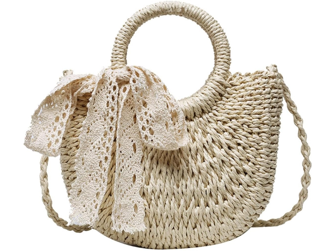 Bolsa Feminina Ciieeo De Verão Em Palha Trançada Com Laço De Renda Branca