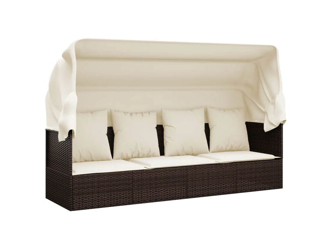 Sofá de exterior con toldo y cojines, mimbre, patas marrones, EXCLUSIVO DE LA CASA
