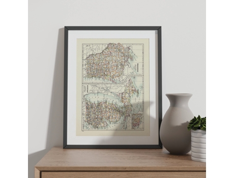 NACNIC Pósters Geográficos En Vintage Mapa De Wisconsin Y Michigan Ilustraciones De Antiguos Mapamundis En Tonos Sepia Tamaño A3 Con Marco Blanco