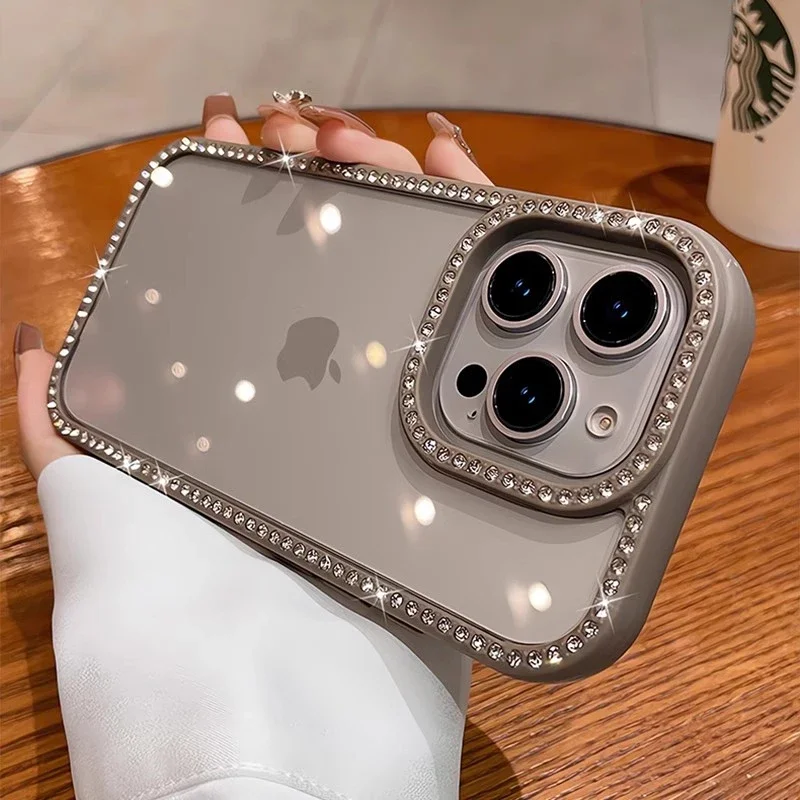 (iphone 14 Pro Max, Gris) Funda Transparente Con Brillantes Diamantes De Imitación, Protección A Prueba De Golpes, Marco De Acrílico Rígido