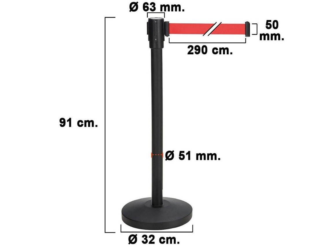 Poste separador cinta extensible 3 metros. ø base 32 cm. ø tubo 5,1 cm.   altura 91 cm.