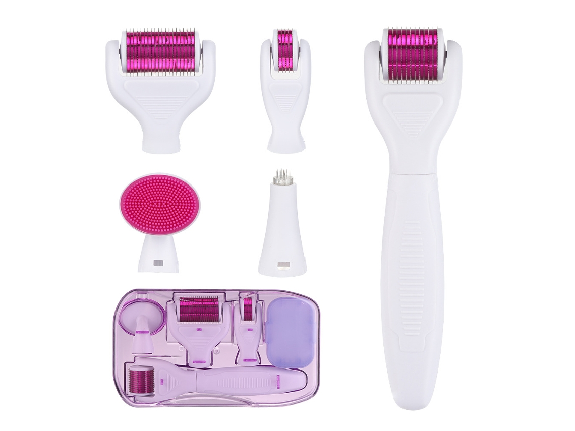 Kit Derma Roller 6 en 1 para rostro y cuerpo con microagujas de 0,25 mm y 0,3 mm, con 5 cabezales reemplazables, estuche y depósito de desinfección.