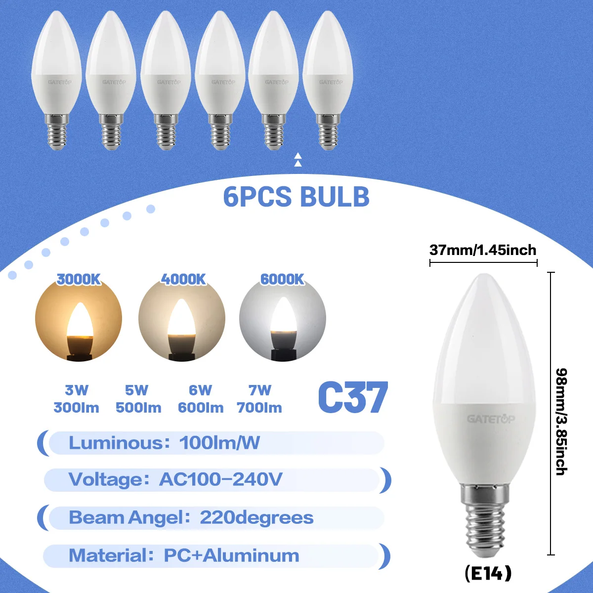 (6 Bombillas, Blanco Cálido 3000k) Bombillas Led Tipo Vela E14, Lámparas Colgantes Decorativas, Adecuadas Para Salas De Estar Familiares.