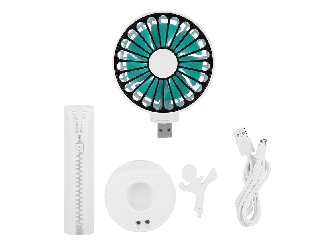 Ventilador portátil con batería externa, blanco.