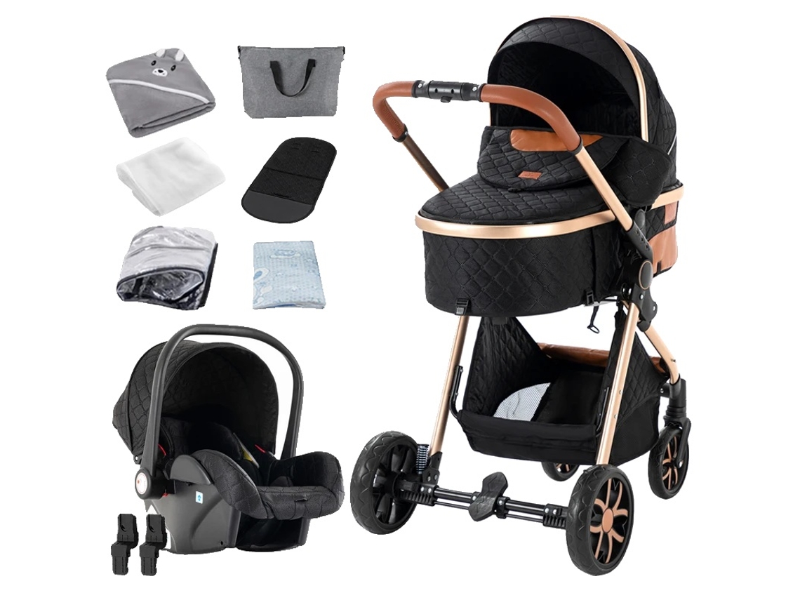 Cochecito de bebé, diseño compacto 3 en 1, respaldo ajustable, Ouropreto
