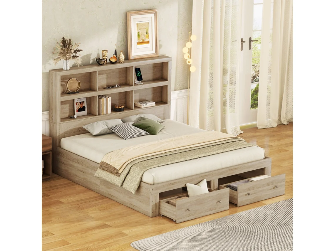 Cama Doble De 160x200 Cm, De Aglomerado, Con 2 Cajones Y Cabecero De Madera Maciza.