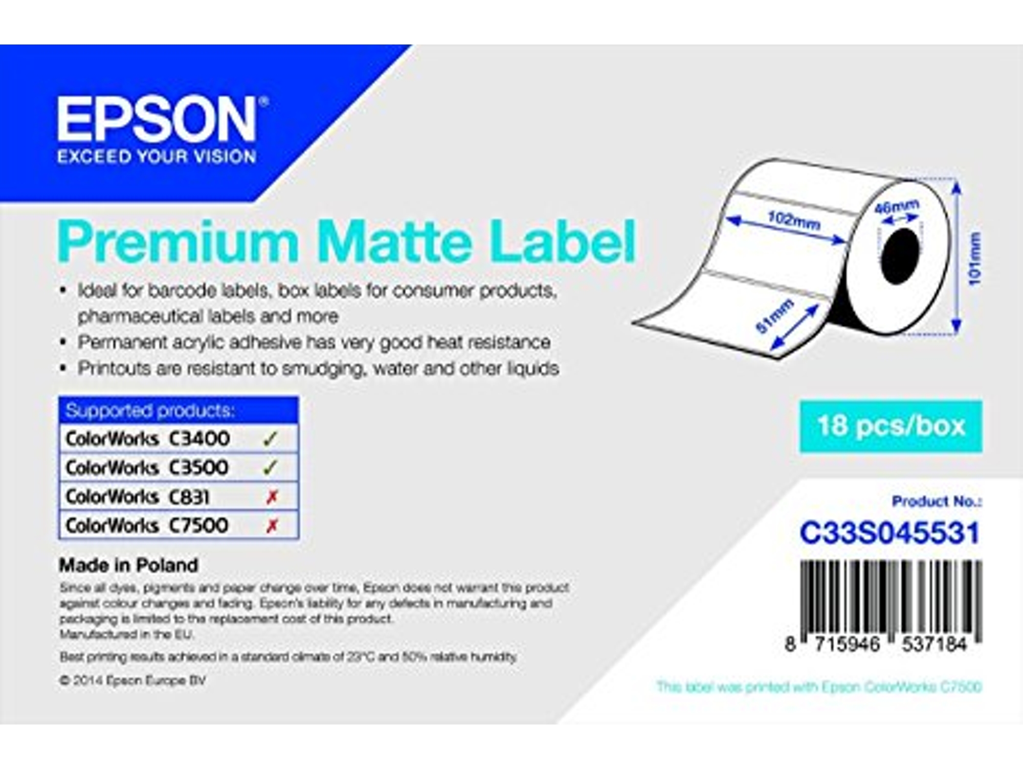Papel para Etiquetas EPSON Premium Matte 102mm x 51mm  650 etiquetas
