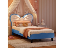 Cama Infantil De 90x200 Cm, Cama Individual Led Para Niñas, Cama Juvenil Tapizada Con Cabecero Ajustable, Sin Colchón, Azul.