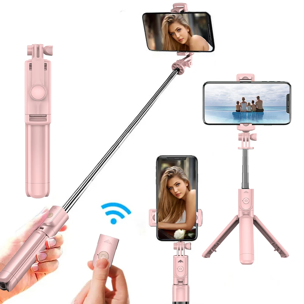 Palo selfie inalámbrico con trípode, control extraíble, para teléfonos móviles, transmisiones en vivo y video, color rosa.