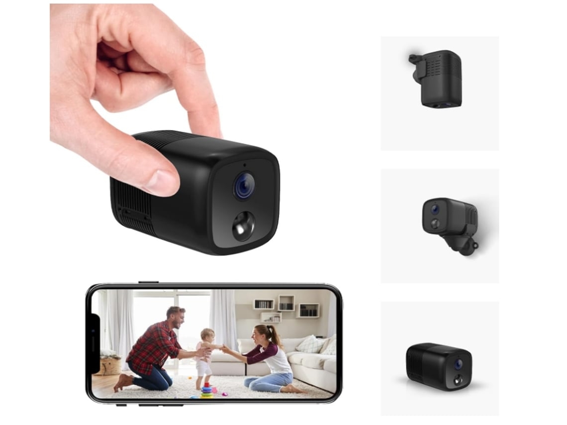 USHION A90 Mini cámara Wifi 150° Gran Angular 2MP/1080p Inalámbrica Portátil 10m Visión Nocturna Detección Humana Alarma Inteligente Negra