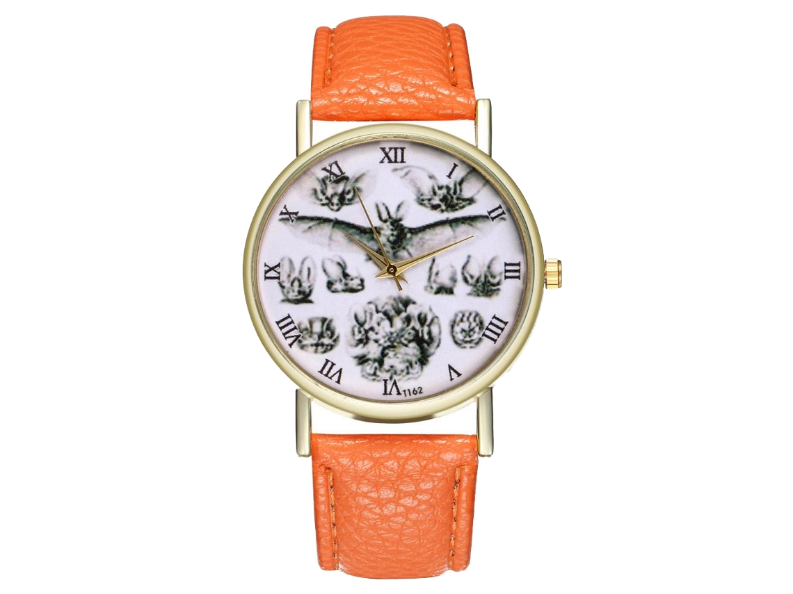 Reloj Unisex De Cuarzo Con Correa De Cuero Pu Moda Patrón Murciélago Dial Números Romanos Naranja