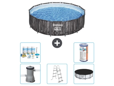 Piscina BESTWAY Round Steel Pro MAX - Impresión en madera - 427 x 107 cm - Incluye bomba - Escalera - Cobertor Paquete de mantenimiento - Filtrar