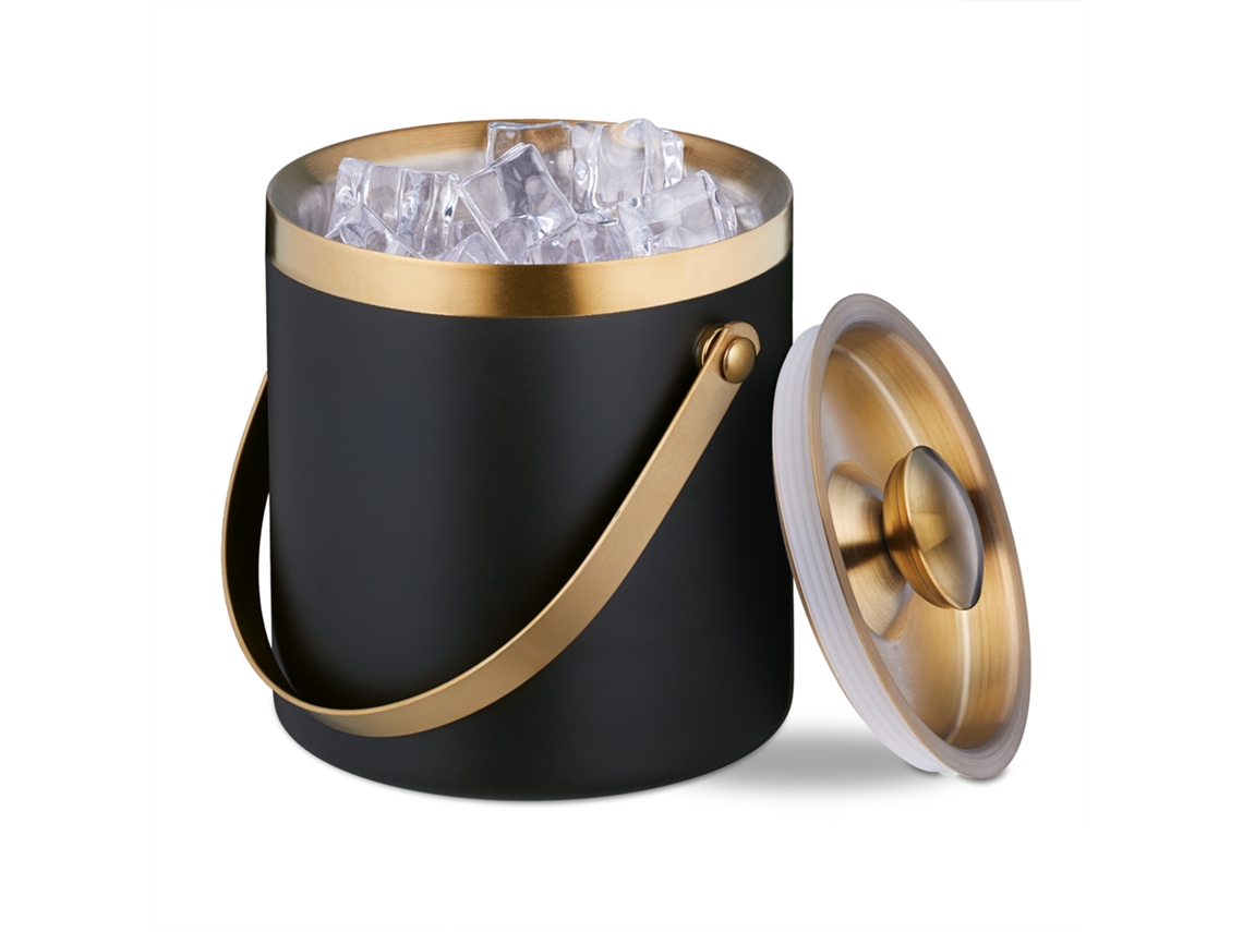 Relaxdays Cubitera Acero Inoxidable, Tapa, Doble Pared, Cubo Hielo Con Asa, 1,5 L, Cubeta Botellas, Negro/dorado