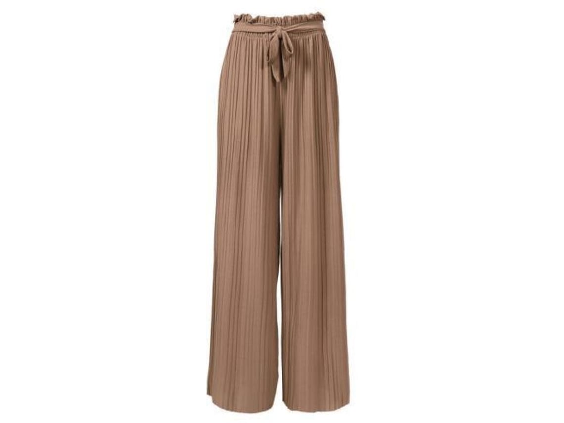 Pantalones palazzo Rebe para mujer en gasa con cremallera y pliegues, talla S, color caqui.
