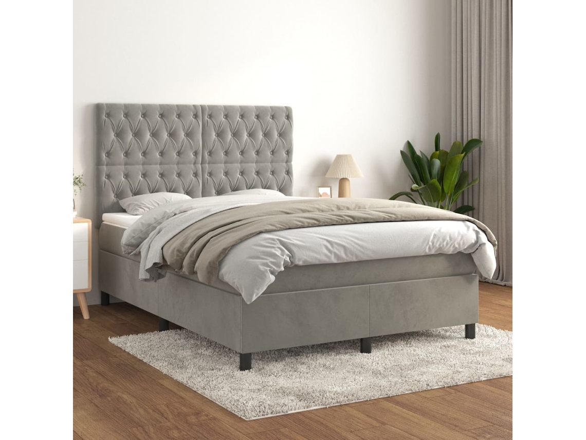 Cama Box Spring Con Colchón Terciopelo Gris Claro 140x190 Cm