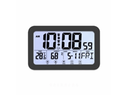 Reloj digital con formato de 12/24 horas, alarma con función de repetición y visualización de temperatura y humedad.