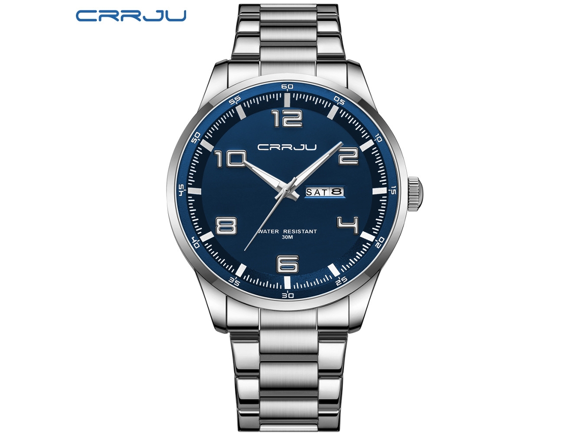 Reloj De Pulsera Azul Para Hombre Con Doble Calendario, Resistente Al Agua, Correa De Acero Inoxidable, Estilo Ejecutivo, Forma Redonda.