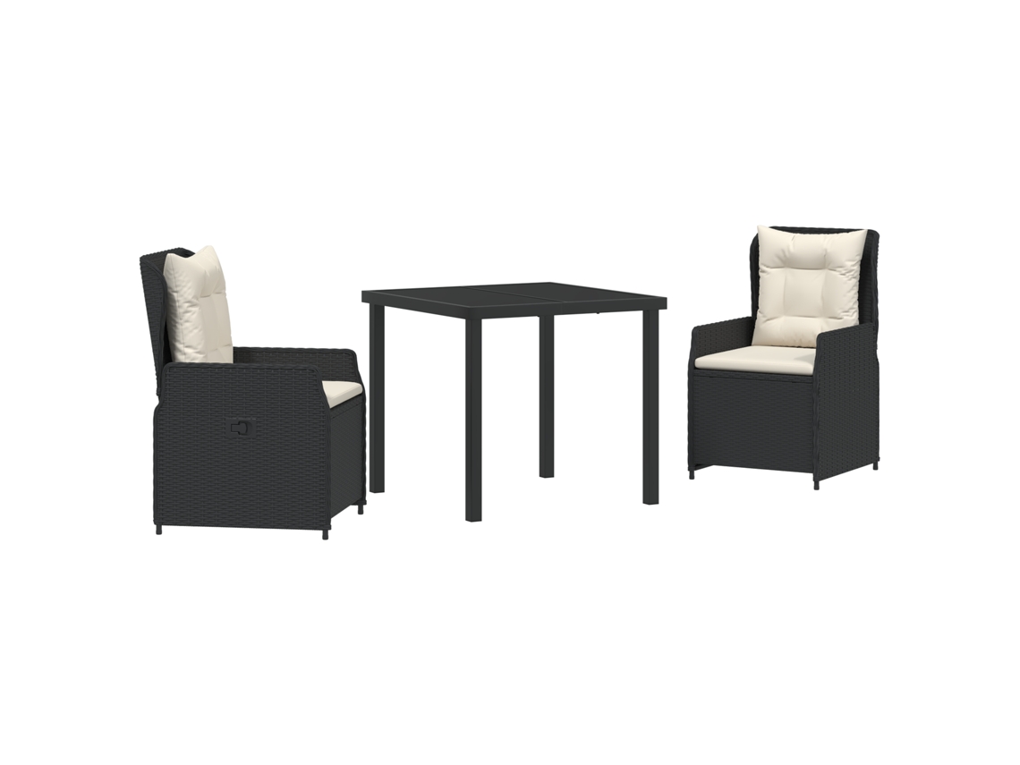 Conjunto de comedor de jardín vidaXL de 3 piezas en ratán negro y poliéster